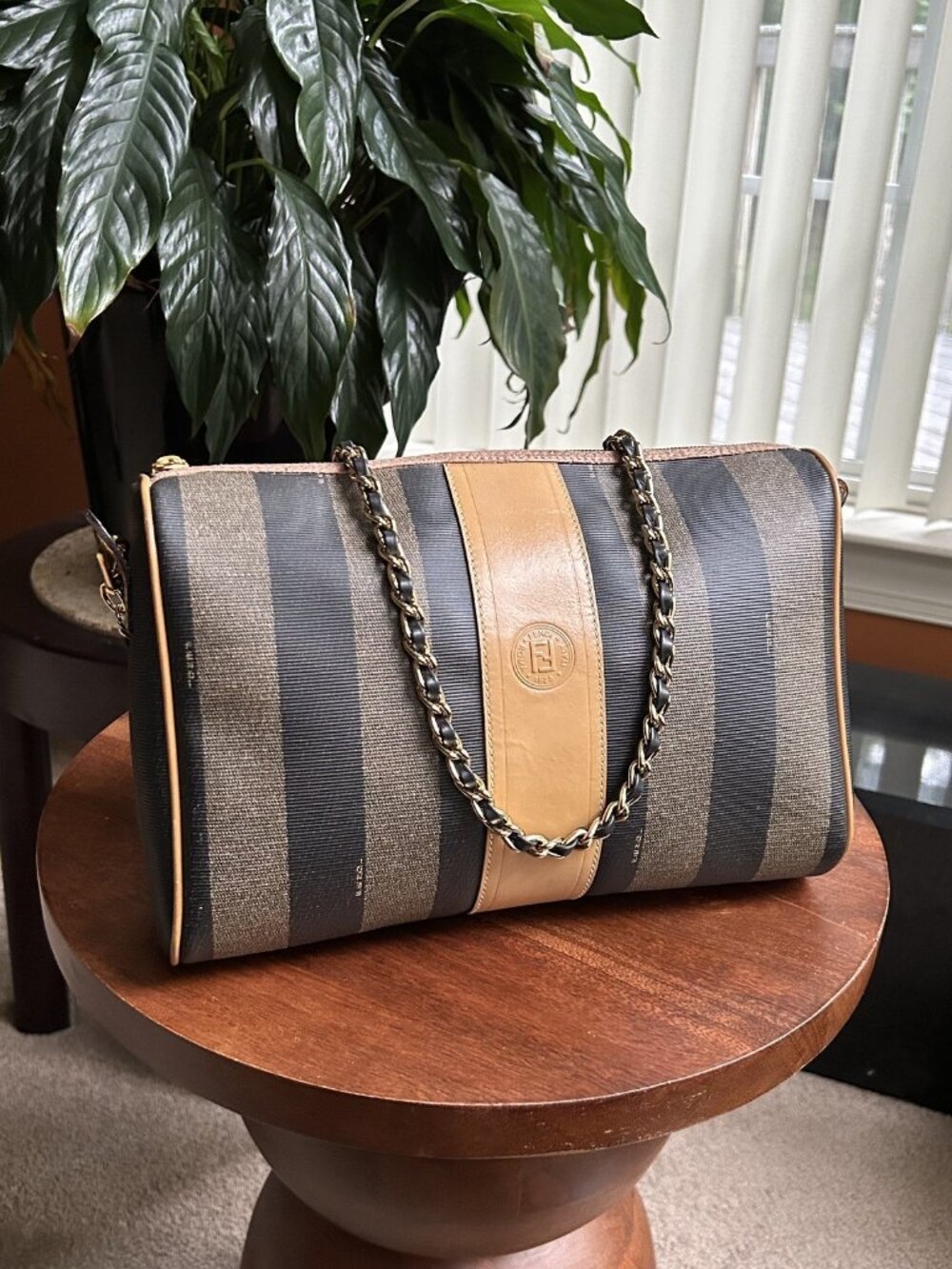 FENDI Pequin Stripe Shoulder Bag, Tobacco, Black, Natural Tan
